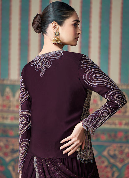 Wine Chinnon Silk Embroidered Readymade Indo Western with Long Sleeves  - Perfect for Indian Weddings and Pakistani Festive Celebrations