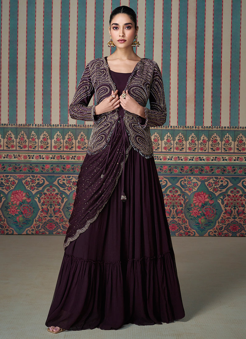 Wine Chinnon Silk Embroidered Readymade Indo Western with Long Sleeves  - Perfect for Indian Weddings and Pakistani Festive Celebrations