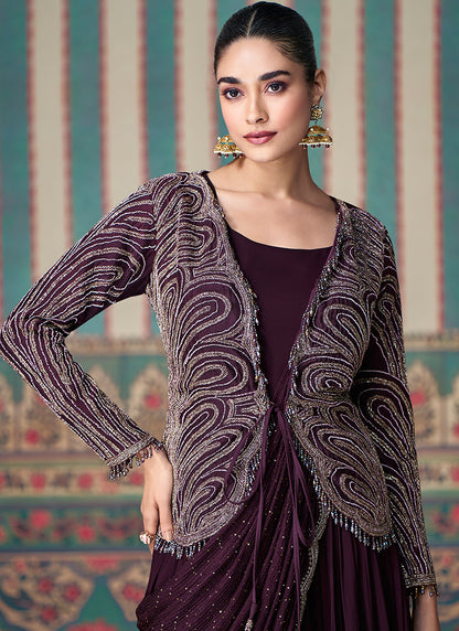 Wine Chinnon Silk Embroidered Readymade Indo Western with Long Sleeves  - Perfect for Indian Weddings and Pakistani Festive Celebrations