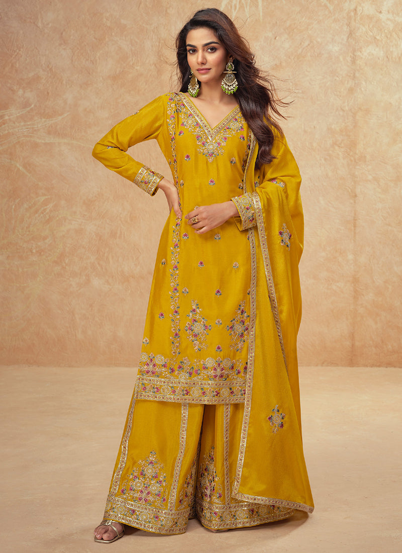 Buy Designer Mustard Yellow Chinnon Embroidery Sharara Suit with Dupatta for Indian Weddings and Pakistani Festivals