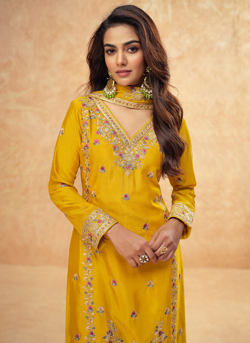 Designer Mustard Yellow Chinnon Embroidery Sharara Suit with Dupatta for Indian Weddings and Pakistani Festivals