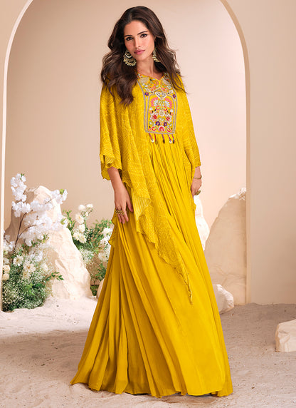 Yellow Chinon Silk Emboidered Gown for Indian Festival and Pakistani Wedding - Moti work