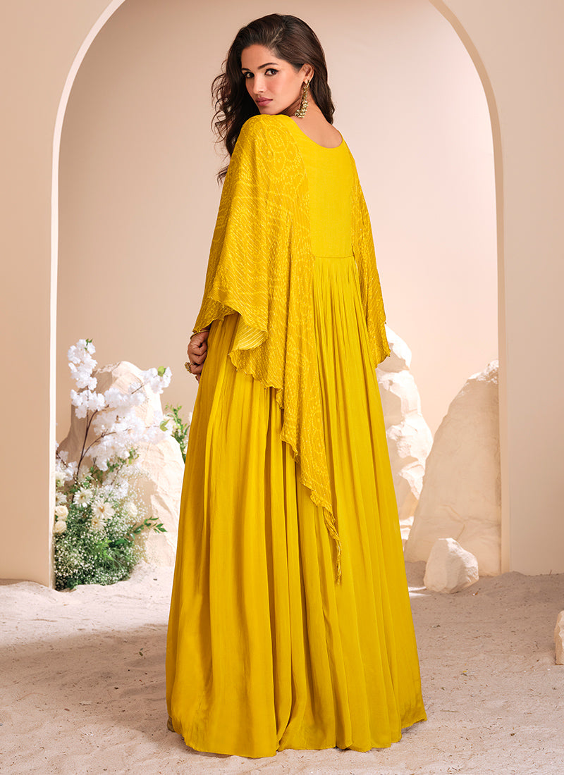 Yellow Chinon Silk Emboidered Gown for Indian Festival and Pakistani Wedding - Moti work