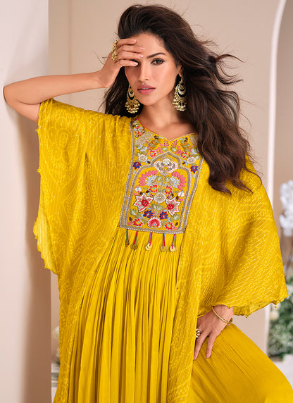 Yellow Chinon Silk Emboidered Gown for Indian Festival and Pakistani Wedding - Moti work