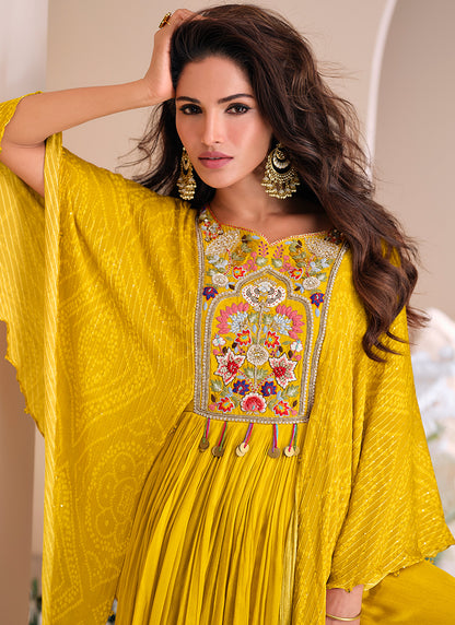 Yellow Chinon Silk Emboidered Gown for Indian Festival and Pakistani Wedding - Moti work