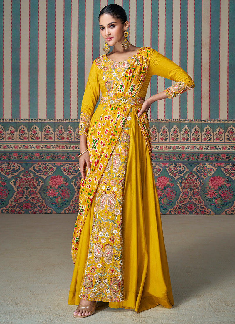 Yellow Chinnon Silk Embroidered Readymade Indo Western  - Perfect for Indian Weddings and Pakistani Festive Celebrations