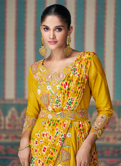 Yellow Chinnon Silk Embroidered Readymade Indo Western  - Perfect for Indian Weddings and Pakistani Festive Celebrations