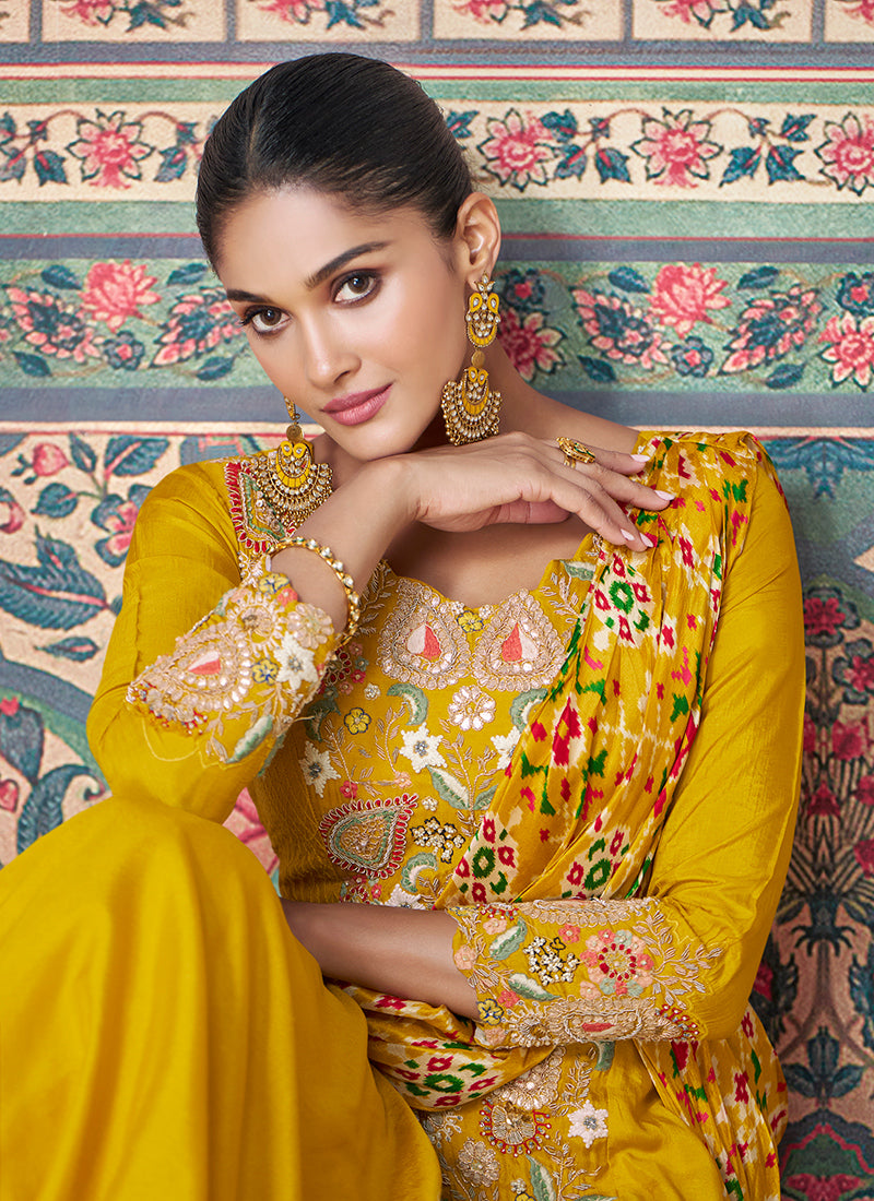 Yellow Chinnon Silk Embroidered Readymade Indo Western  - Perfect for Indian Weddings and Pakistani Festive Celebrations