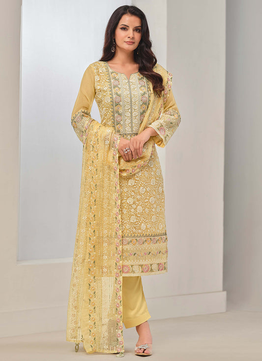 Designer Yellow Organza Chiffon Embroidery Salwar Suit-Perfect for Indian Festival and Pakistani Wedding