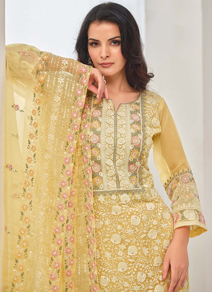 Designer Yellow Organza Chiffon Embroidery Salwar Suit-Perfect for Indian Festival and Pakistani Wedding