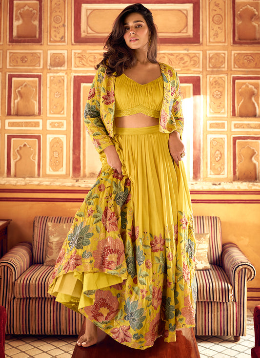 Buy Yellow Chinnon Silk Indo Western Lehenga with Embroidery Work for Indian and Pakistani Wedding and Festival