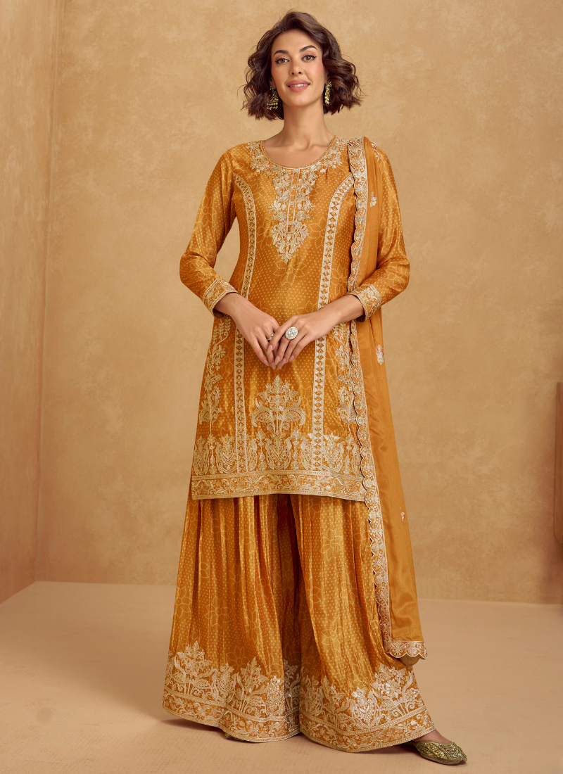 Shop Yellow Chinnon Long Sleeves Embroidered Sharara Suit With Dupatta ...