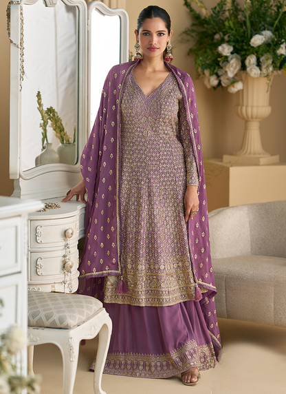 Lavender Georgette Embroidered Long Sleeves Anarkali Plazzo Suit with Dupatta for Pakistani Wedding and Indian Festival
