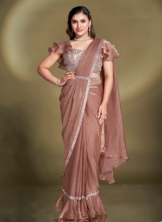 Ready To Wear Brown Satin Silk Saree With Designer Blouse For Indian Festival And Pakistani Wedding