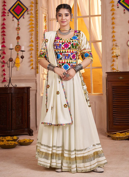 Designer White Kutchi Embroidered Navratri Lehenga Choli