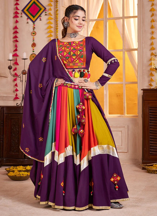 Purple and Multicolor Mirror Embroidered Navratri Lehenga Choli