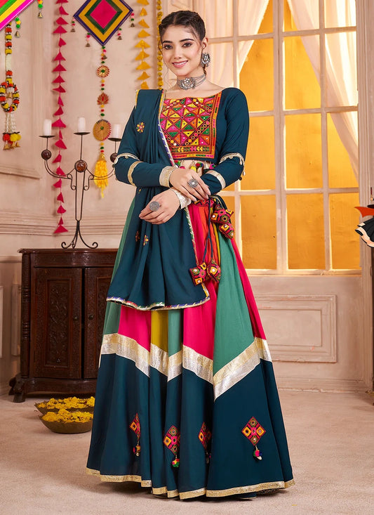 Teal Blue and Multicolor Mirror Work Navratri Lehenga Choli