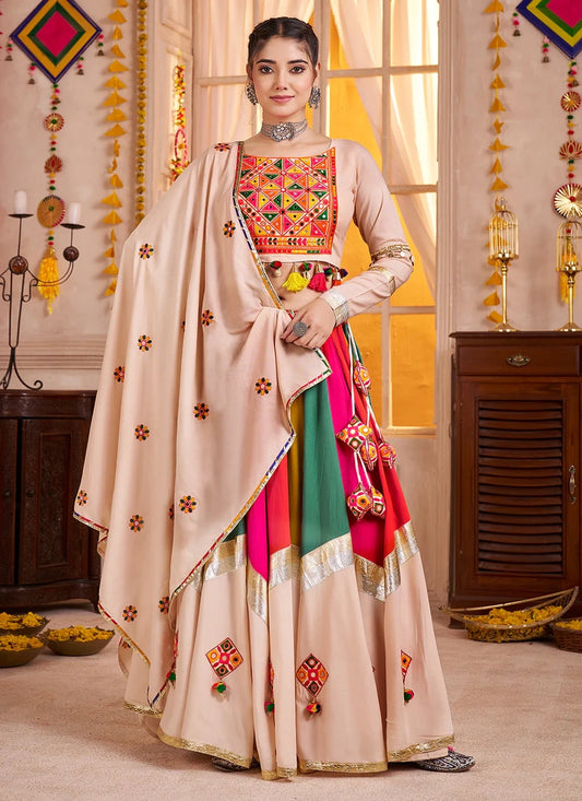 Beige Multicolor Mirror Work Navratri Lehenga Choli