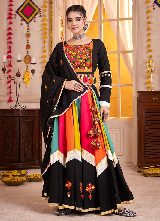 Black and Multicolor Mirror Embroidered Navratri Lehenga Choli