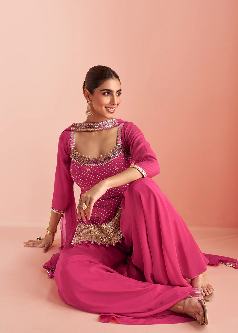 Designer Magenta Pink Chinon Silk Embroidered Palazzo Suit with Dupatta For Indian Wedding and Pakistani Festival