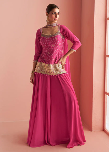 Designer Magenta Pink Chinon Silk Embroidered Palazzo Suit with Dupatta For Indian Wedding and Pakistani Festival