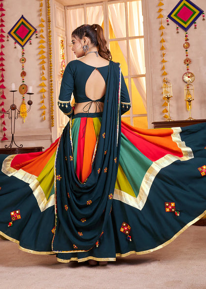 Teal Blue and Multicolor Mirror Work Navratri Lehenga Choli