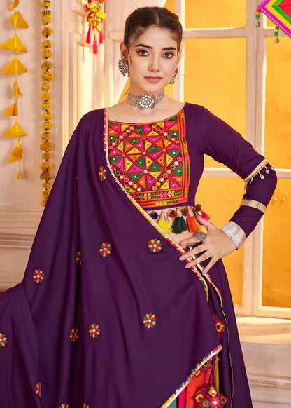 Purple and Multicolor Mirror Embroidered Navratri Lehenga Choli
