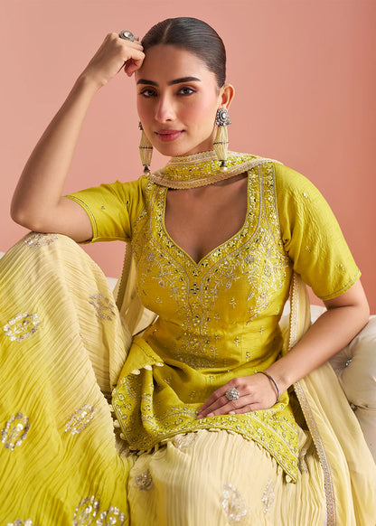 Designer Lemon Yellow Chinon Silk Embroidered Palazzo Suit with Dupatta For Indian Wedding and Pakistani Festival