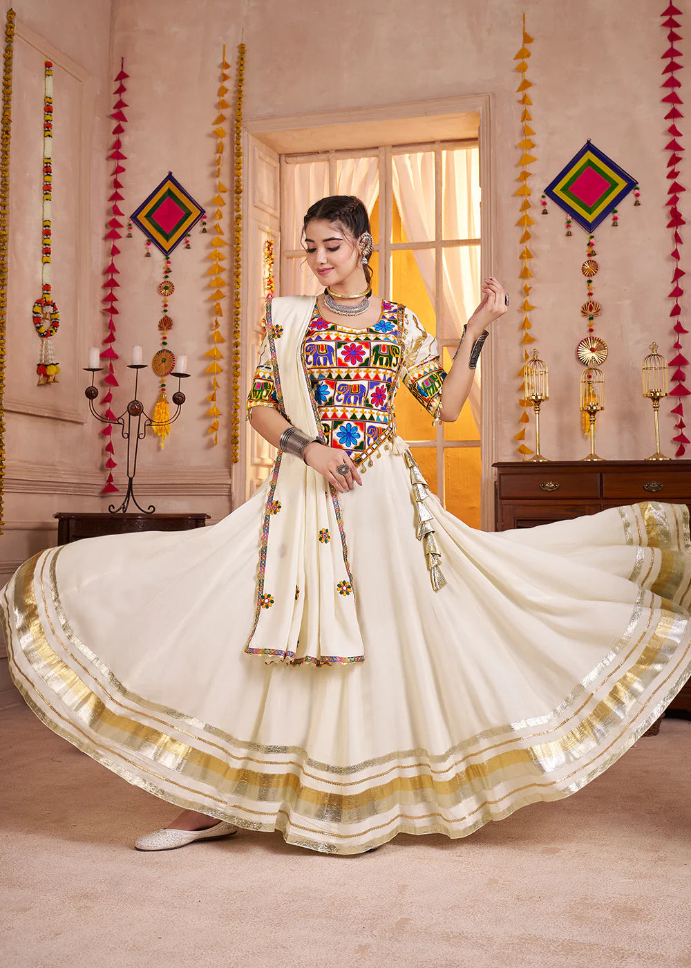 Designer White Kutchi Embroidered Navratri Lehenga Choli