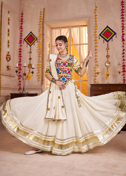 Designer White Kutchi Embroidered Navratri Lehenga Choli