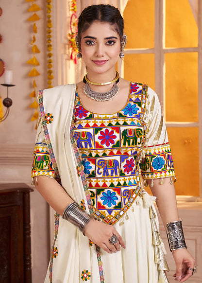 Designer White Kutchi Embroidered Navratri Lehenga Choli