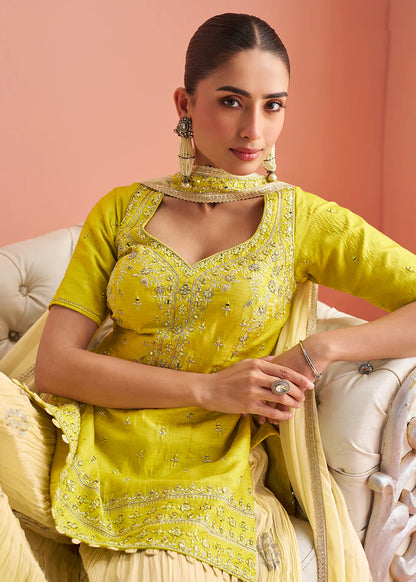 Designer Lemon Yellow Chinon Silk Embroidered Palazzo Suit with Dupatta For Indian Wedding and Pakistani Festival