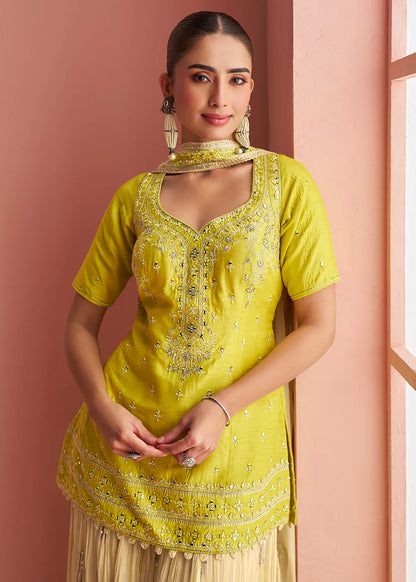Designer Lemon Yellow Chinon Silk Embroidered Palazzo Suit with Dupatta For Indian Wedding and Pakistani Festival