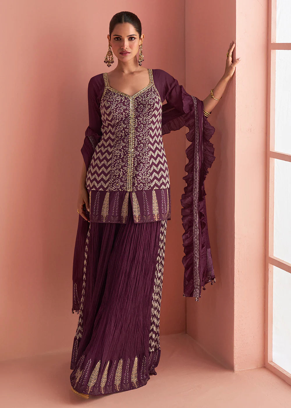 Designer Wine Chinon Silk Embroidered Palazzo Suit with Dupatta For Indian Wedding and Pakistani Festival