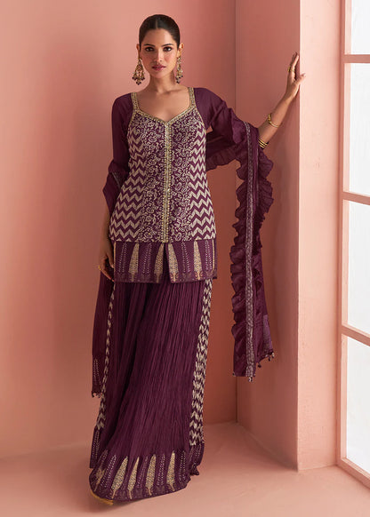 Designer Wine Chinon Silk Embroidered Palazzo Suit with Dupatta For Indian Wedding and Pakistani Festival