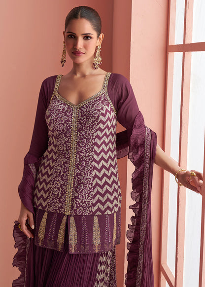 Designer Wine Chinon Silk Embroidered Palazzo Suit with Dupatta For Indian Wedding and Pakistani Festival