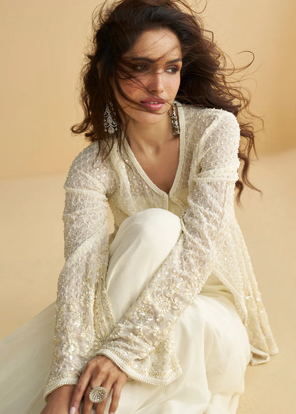 Designer Jacket Style Georgette Silk White Indo-Western Co-Ord Set