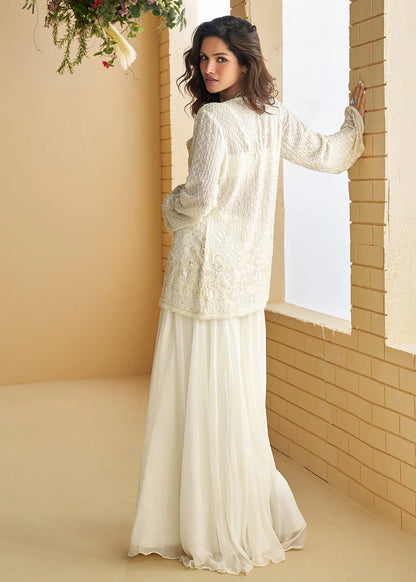 Designer Jacket Style Georgette Silk White Indo-Western Co-Ord Set