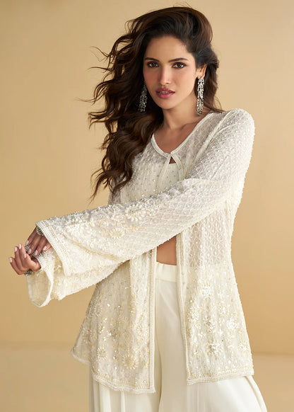 Designer Jacket Style Georgette Silk White Indo-Western Co-Ord Set
