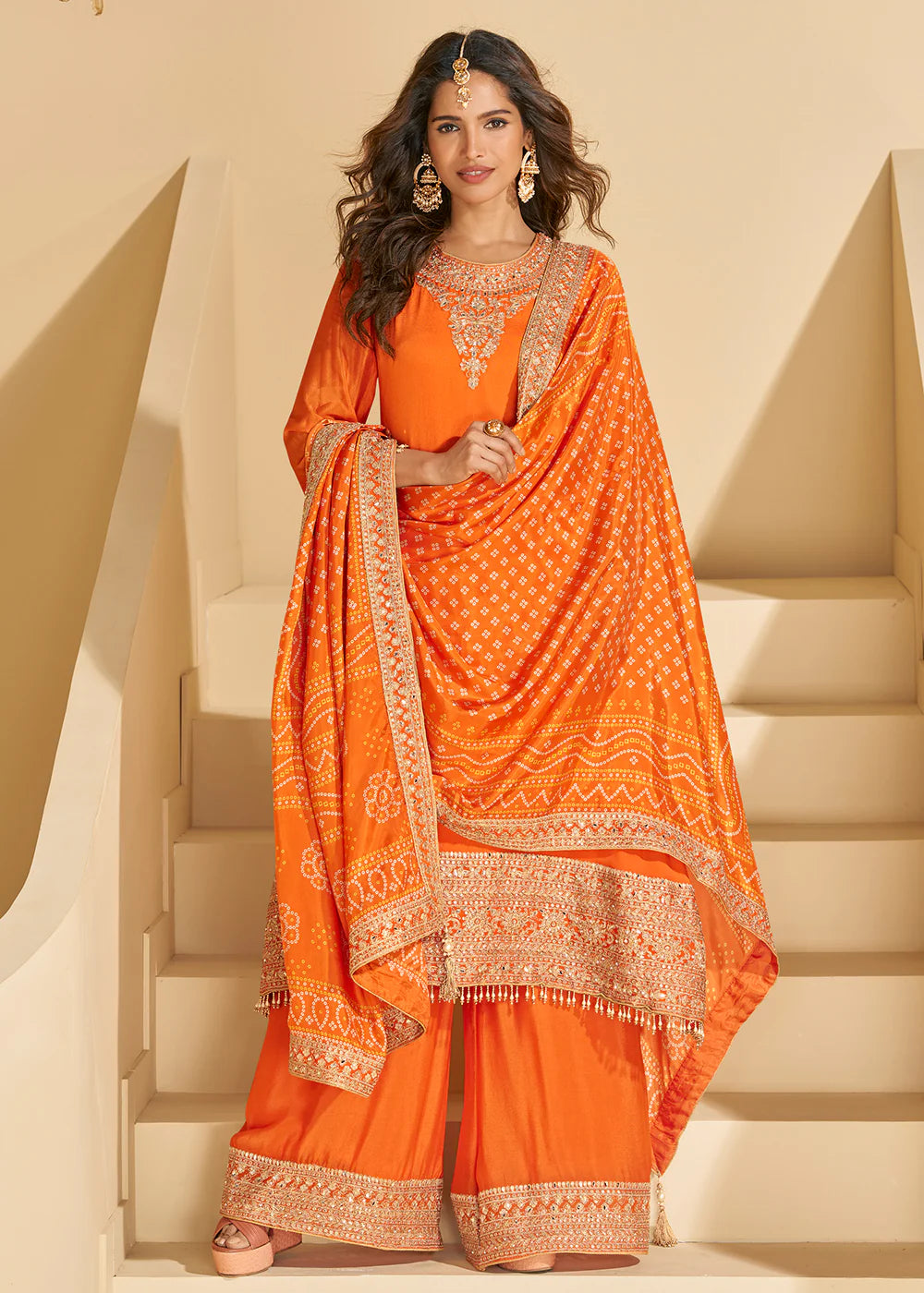 Orange Chinon Silk Sharara Suit With Dupatta For Indian Wedding