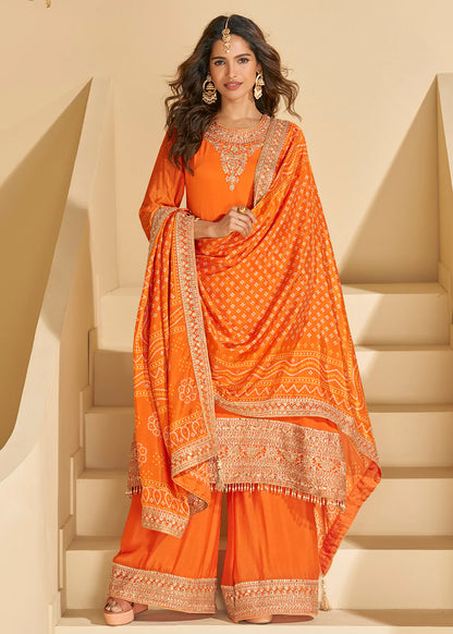 Orange Chinon Silk Sharara Suit With Dupatta For Indian Wedding