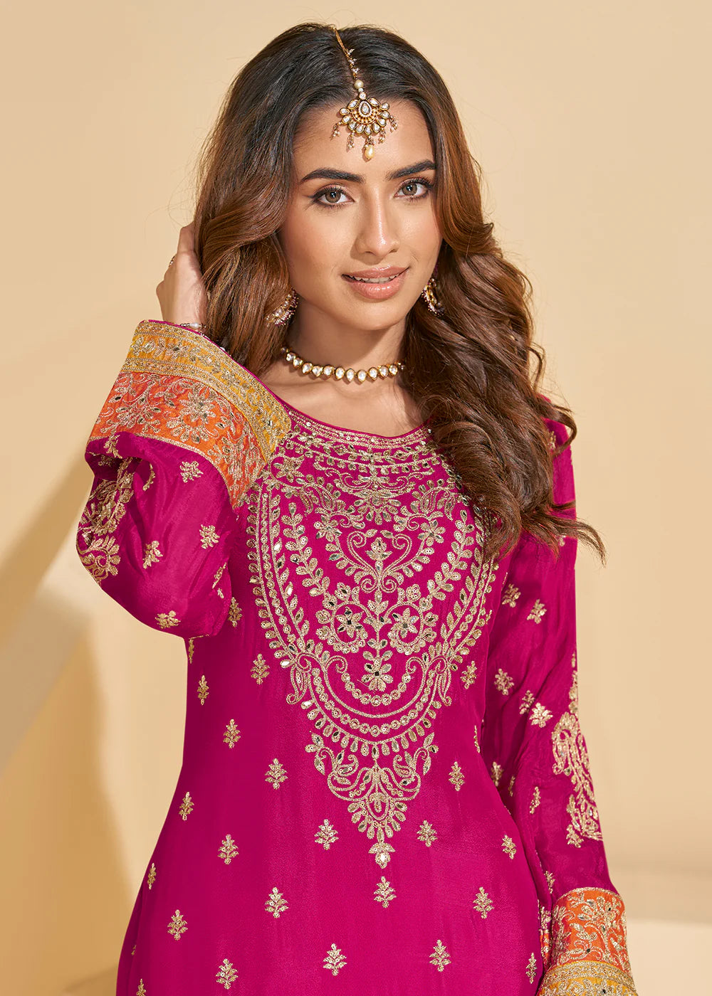 Rani Pink Chinon Sharara with Orange Pants  and Yellow Dupatta for Bridemaids