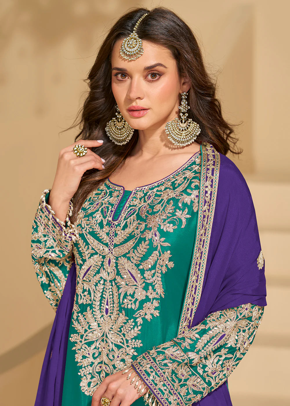 Bottle Green Chinon Sharara Suit with Purple Dupatta For Pakistani Wedding