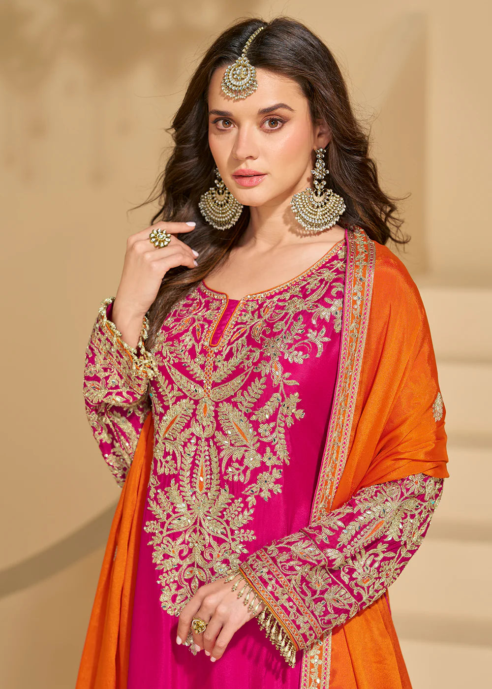 Rani Pink Chinon Silk Sharara Suit with Orange Dupatta For Indian Wedding and Pakistani Festival