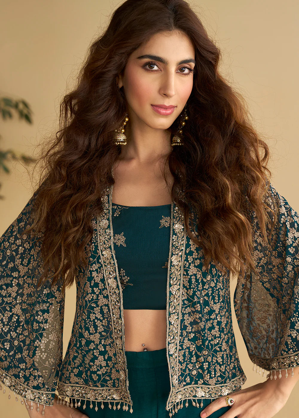 Designer Jacket Style Teal Green Georgette Silk Indo-Western Style Co-Ord Set