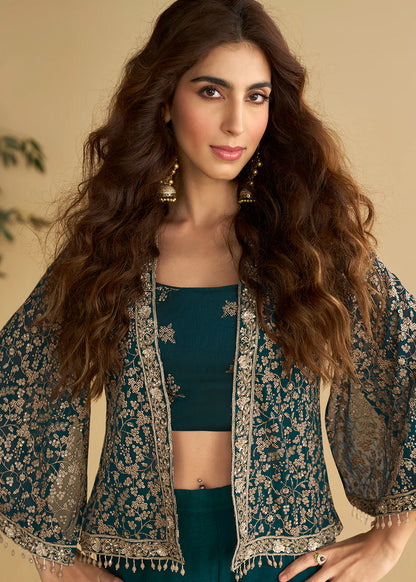 Designer Jacket Style Teal Green Georgette Silk Indo-Western Style Co-Ord Set