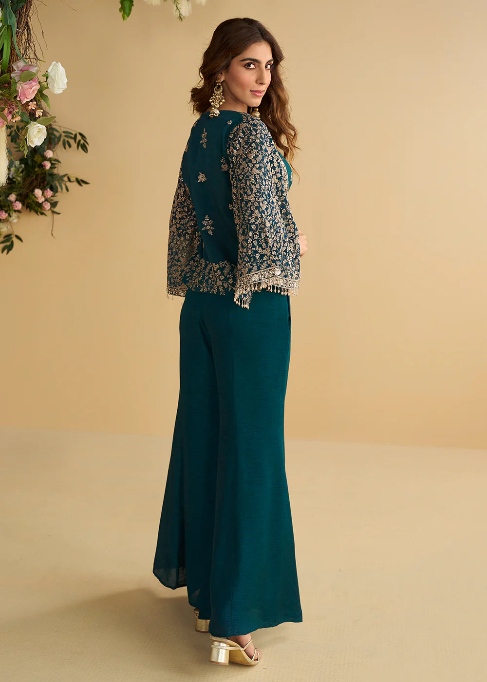 Designer Jacket Style Teal Green Georgette Silk Indo-Western Style Co-Ord Set