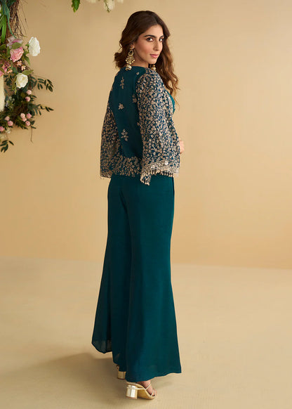 Designer Jacket Style Teal Green Georgette Silk Indo-Western Style Co-Ord Set