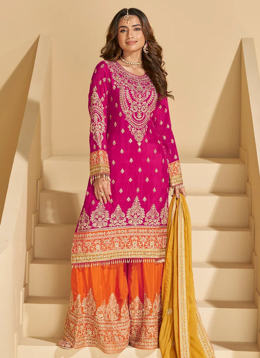 Rani Pink Chinon Sharara with Orange Pants  and Yellow Dupatta for Bridemaids