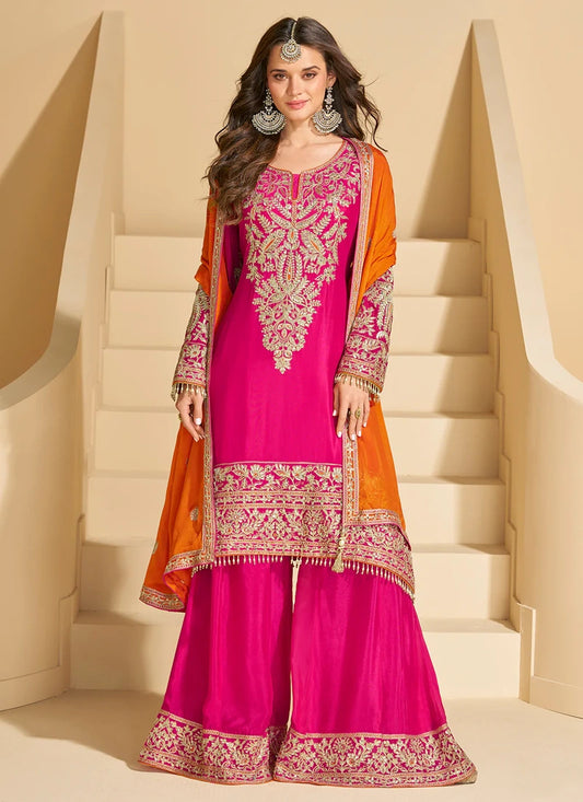 Rani Pink Chinon Silk Sharara Suit with Orange Dupatta For Indian Wedding and Pakistani Festival